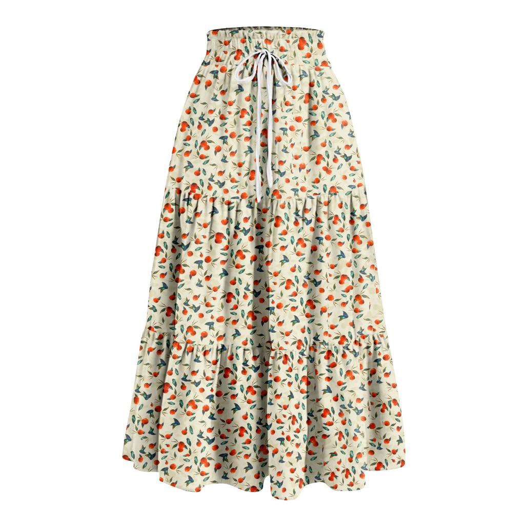 Women's Ruffled Spring Casual Long Skirt Plain Color Skirt Retro Pleated Skirt