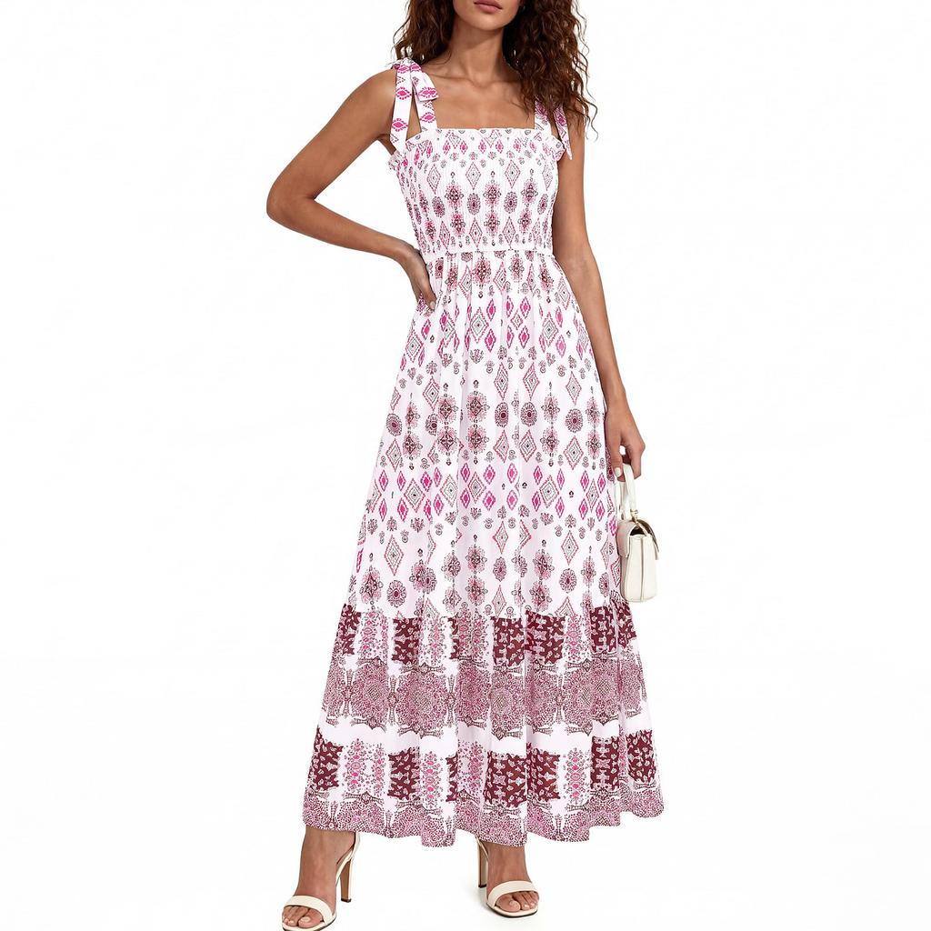 Women's Sleeveless Printed Strap Dress Smocked Waist Maxi Dress Lightweight Bohemian Style Summer Dress with Adjustable Shoulder Ties