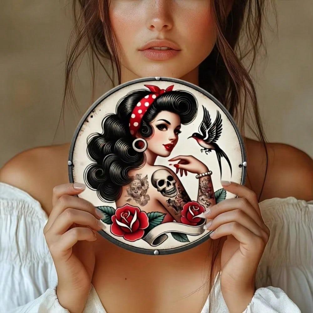 Vintage Tattoo Metal Wall Decor Round Aluminum Art Easy Hang Bedroom Home