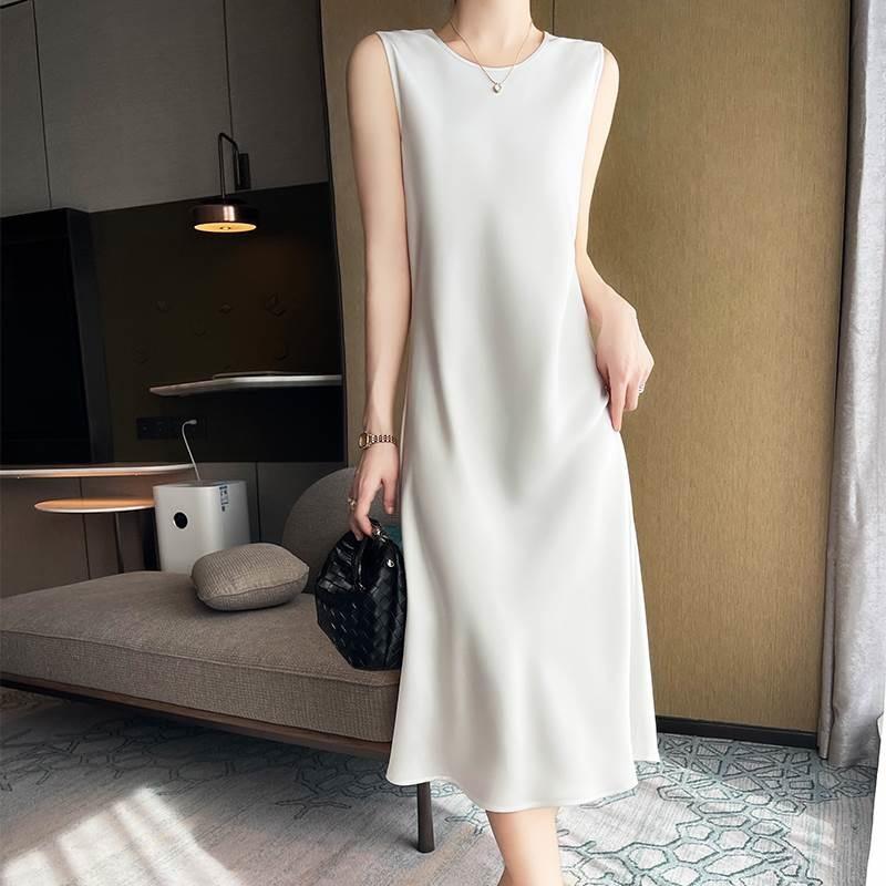 High-end Round Neck Silk Suspender Dress Women's Spring and Summer Acetic Acid Satin Medium and Long Dress with Silk Sleeveless Temperament