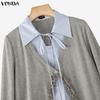 VONDA Women V-Neck Fake Two Piece Patchwork Long Sleeve Casual Blouse