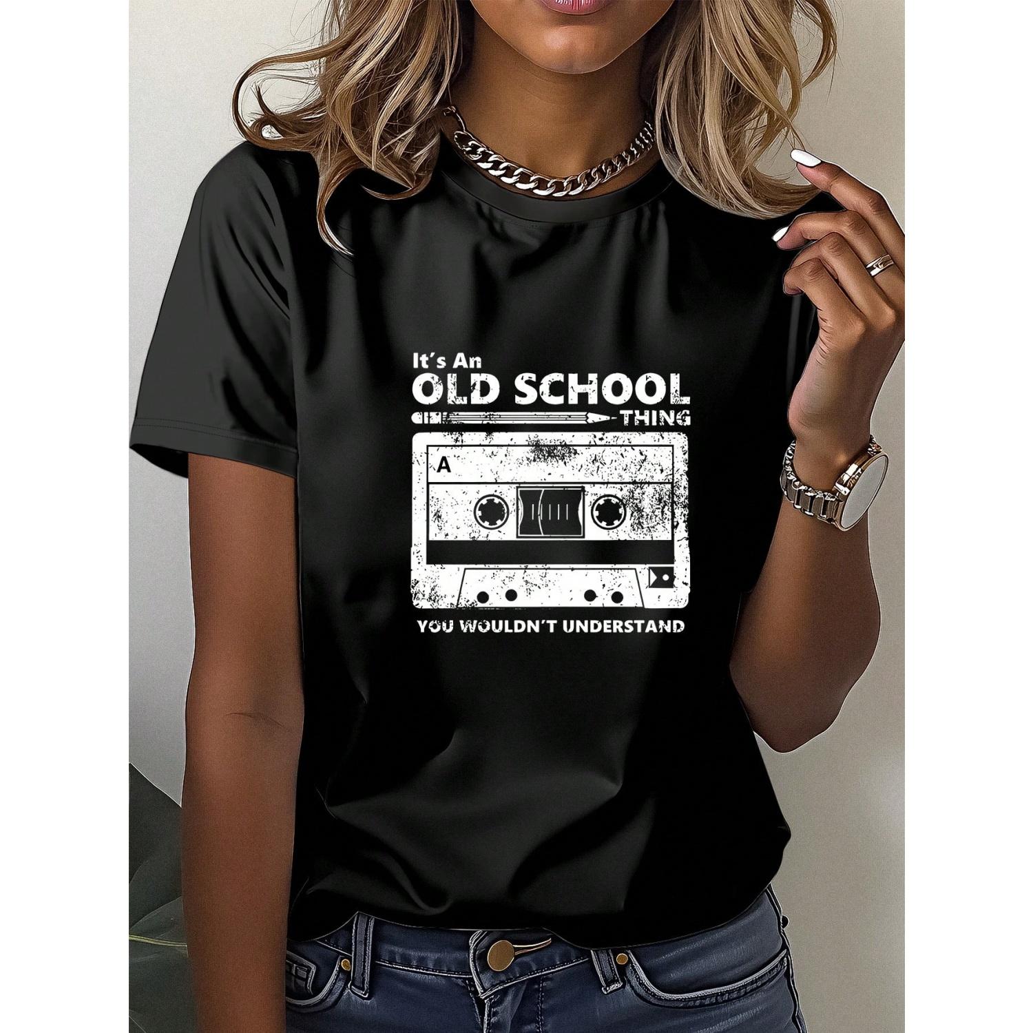 SHEIN LUNE Plus Size Women s Summer Music Festival Cassette Printed Round Neck Short Sleeve T-Shirt S чёрный