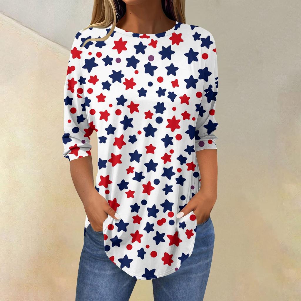 3/4 Length Sleeve Womens Tops Summer T-Shirts Print O Neck Casual Basic Tee Button Shirts Tunic Tops