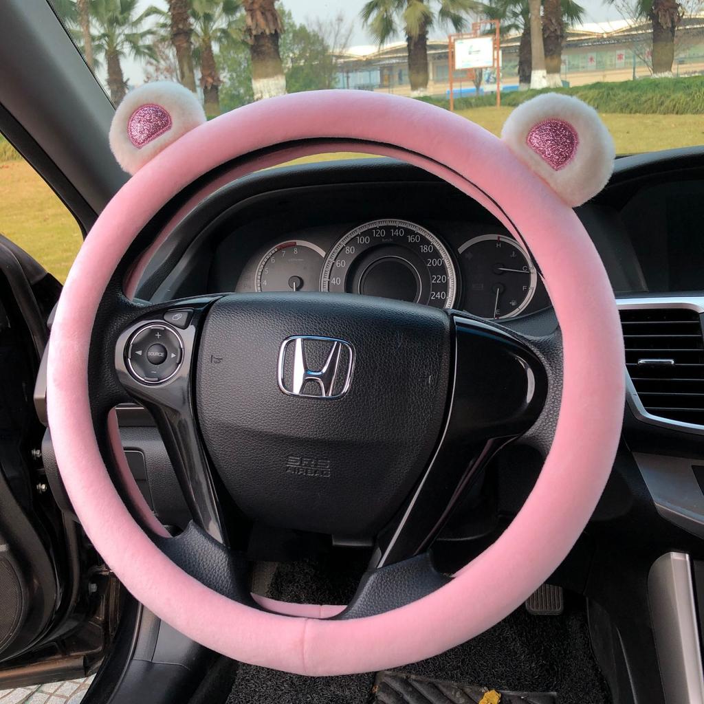Short Plush Steering Wheel Cover Kawaii Winter Warm Car Handle Cover Anti-skid Cartoon Cute Cat Ear Steering Cover Pink Gift