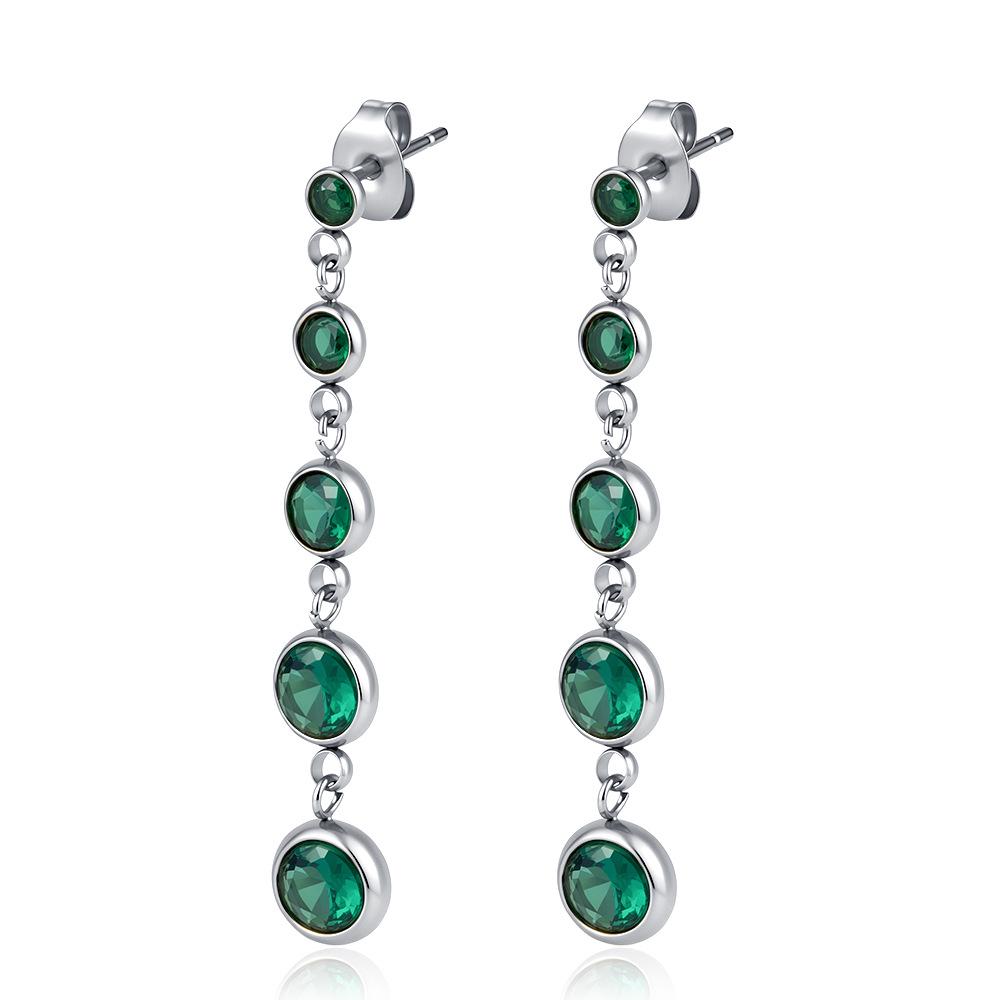Trendy Women's 18K Gold-Plated Emerald Tassel & Stud Earrings with Cubic Zirconia In Stainless Steel