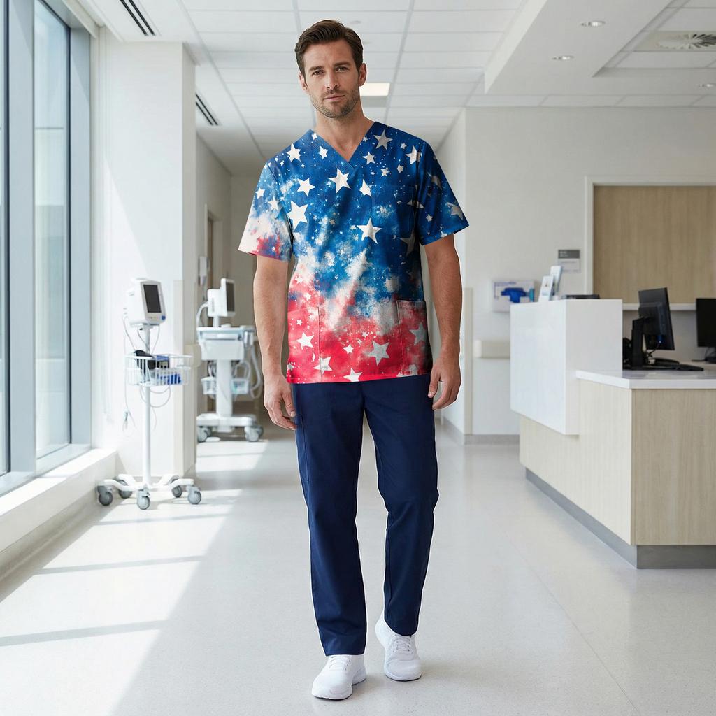 Men's Short Sleeve V-Neck  Print Chest Pocket Care Top