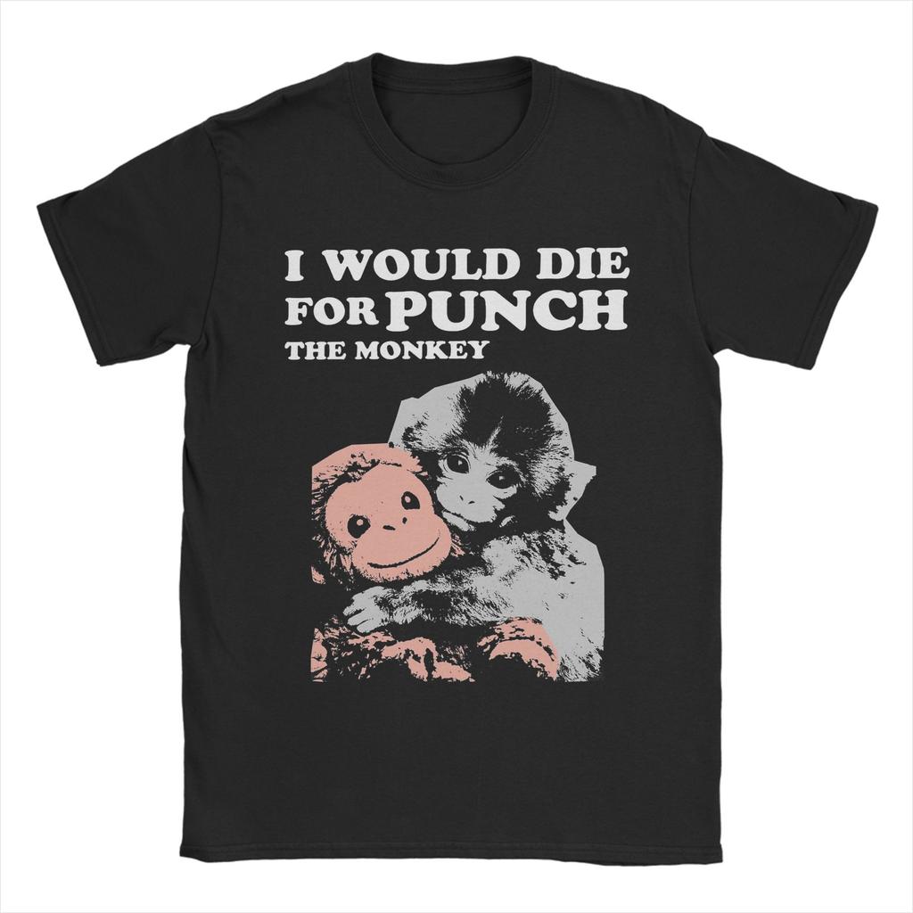 Men Women Printed Team Punch Punch the Monkey Baby Monkey Holding Plush Toy Tee T Shirt Pure Cotton Tshirts Clothes