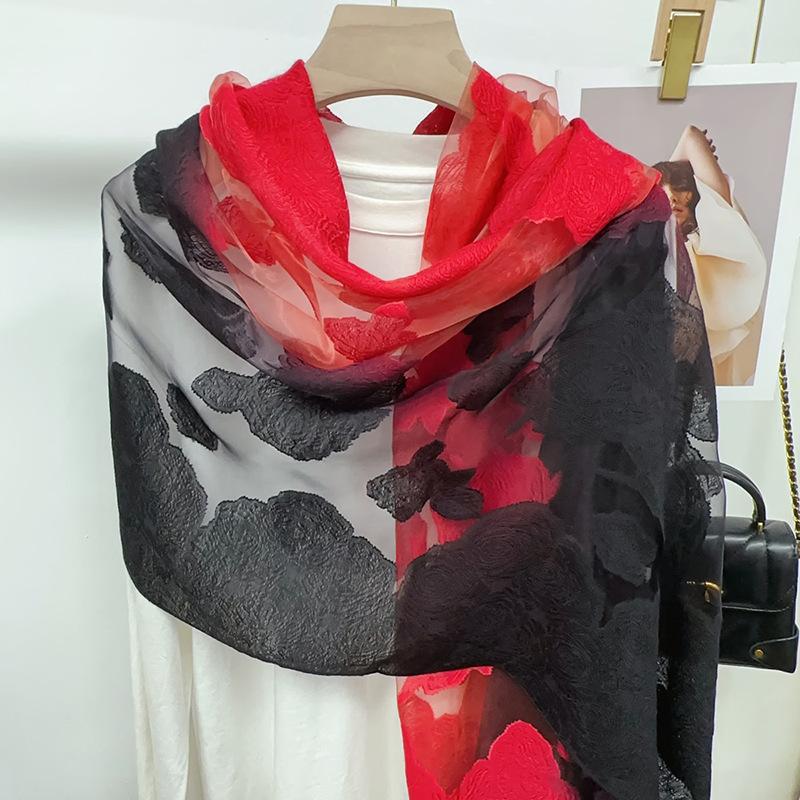 Shawl Scarf Advanced New Gradual Change Flower Long Silk Scarf Yarn Versatile Sunscreen Shawl