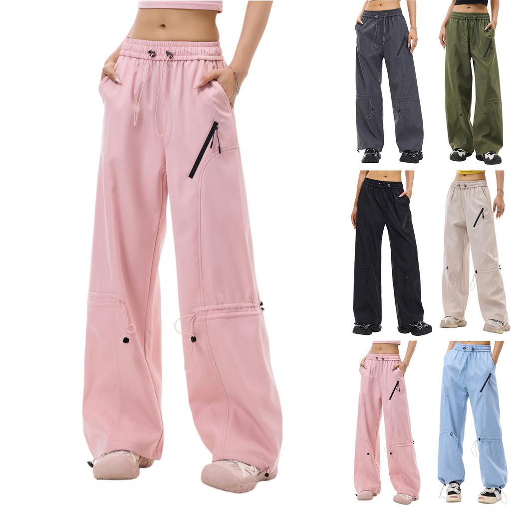 Women's Overalls Casual Lightweight Solid Color Trousers Drawstring Multi-Pockets Straight Leg Pants