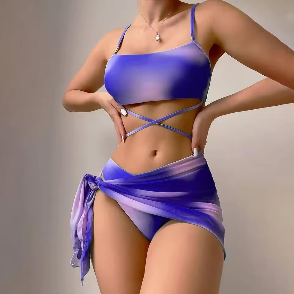 Tie Dye Halter Bikini Female Swimsuit Women Swimwear 3 Pieces Bikini Set with Sarong Bather Bathing Suit Swim