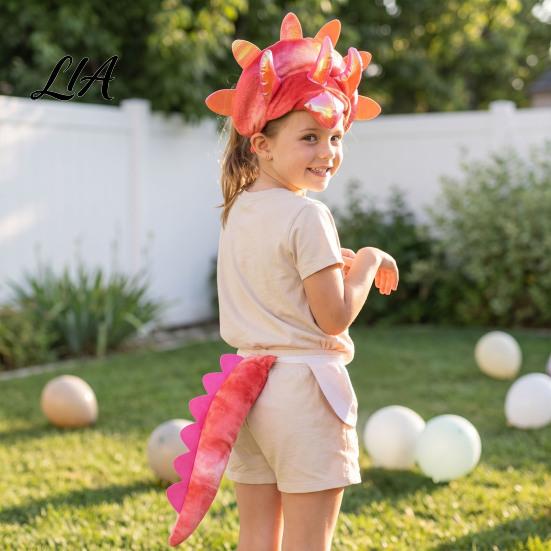Dinosaur Outfit for Family Triceratops Headband and Tail Set Adults Kids, DIY Three Halloween Party Costume Horn Dragon Accessories Dress Up Role