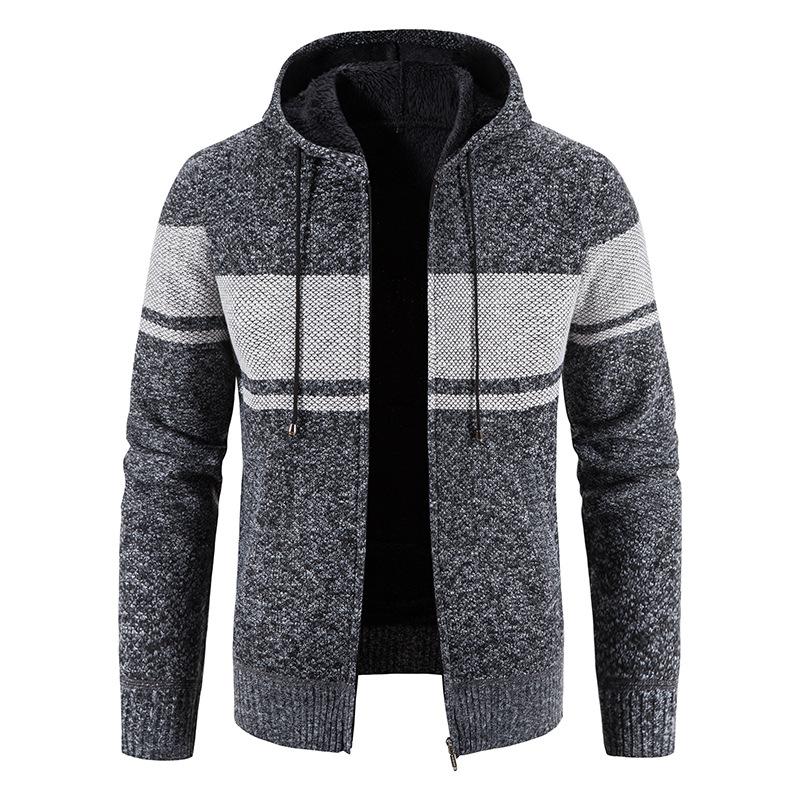Men's Hooded Sweater Cardigan Plus Velvet Autumn and Winter Men's Knitted Sweater Color-blocking Youth Coat