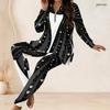 Women Plus Size Two Piece Pants Set Half Zip Neck Long Sleeve Printed Longline Top Fitted Pants Black White