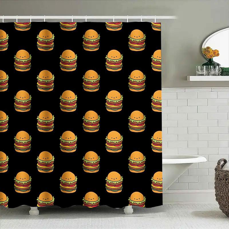 Burger Shower Curtain Cute Fast Food Pattern Waterproof Bathroom Decor Washable Liner Vintage Kitchen Backdrop