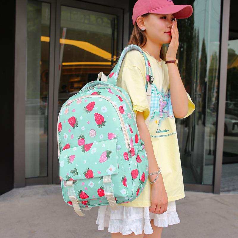 Strawberry Print Backpack Set Student Three-Piece Schoolbag Women's Large Capacity Water-Repellent Graffiti Backpack