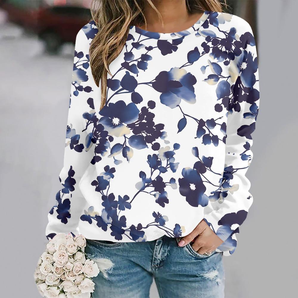 Women's casual and fashionable round neck long sleeved printed T-shirt