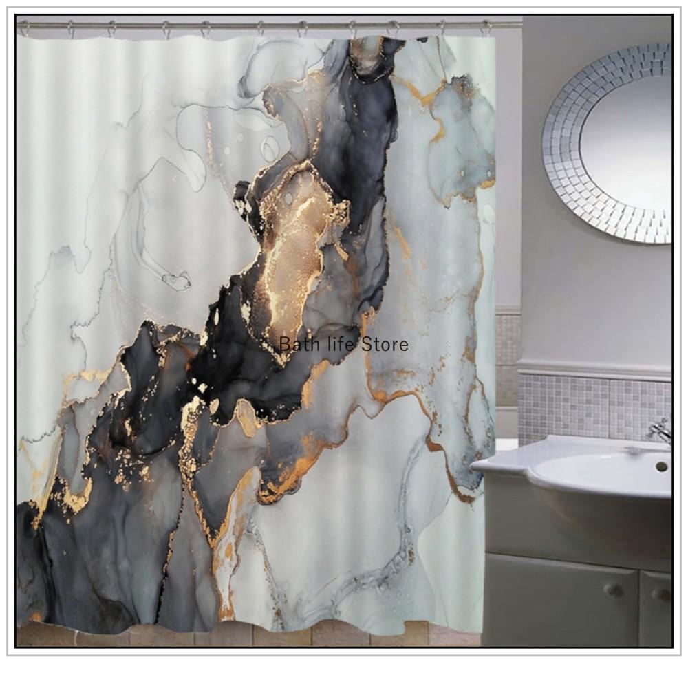 Set Tende da Doccia Impermeabili Marmo Dorato Con 12 Ganci Tende da Bagno Tessuto in Poliestere Resistente alla Muffa per Bagno Decorazioni per la Casa