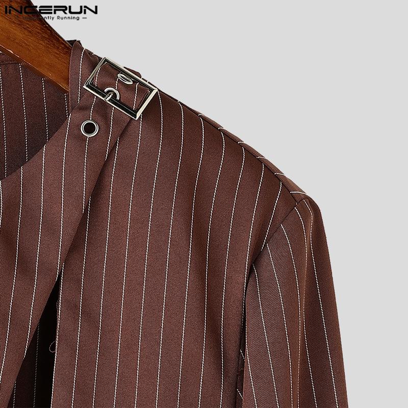 INCERUN Seturi Casual de Pantaloni de Costum pentru Bărbați din Două Piese cu Mânecă Lungă, cu Gât Rotund, cu Dungi și Fante