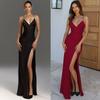 Women's Solid Spaghetti Strap V Neck High Slit Bodycon Maxi Dress Sexy Evening Party Gown