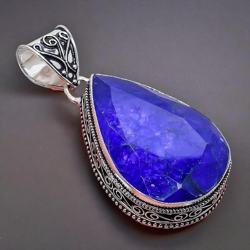 Sapphire(Simulated) Gemstone Handmade 925 Sterling Silver Jewelry Pendant 2.17" AH-854