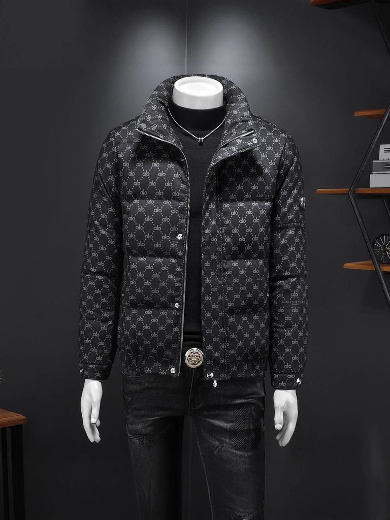 European Men's Stand Collar Winter Down Jacket - Slim Fit, Warm, Trendy Print, High-End Casual Style