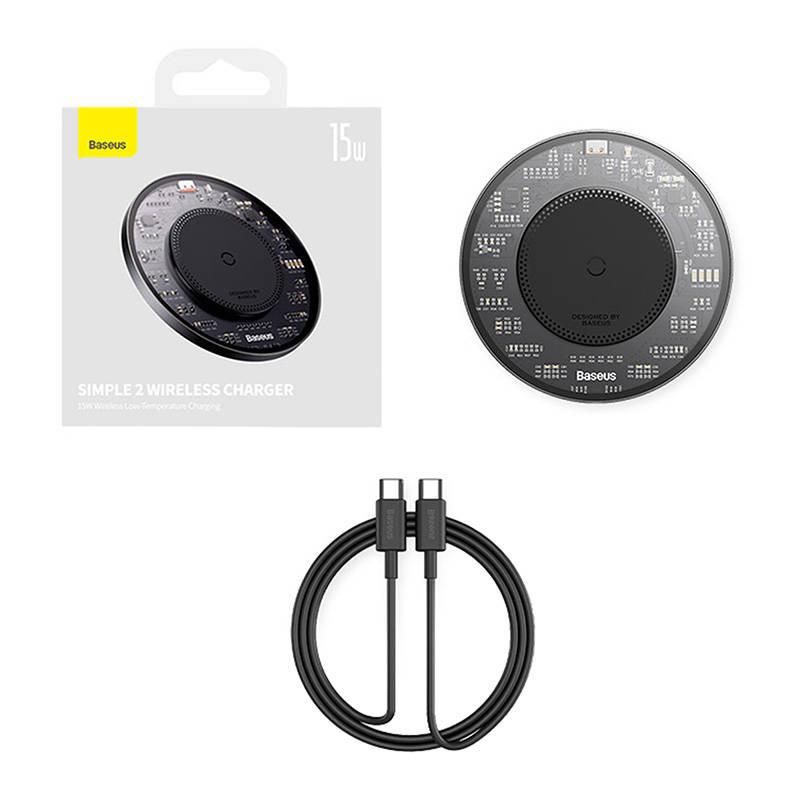 Kabelloses Induktionsladegerät Baseus Simple 2, 15W Mit USB-C zu USB-C Kabel (Schwarz)