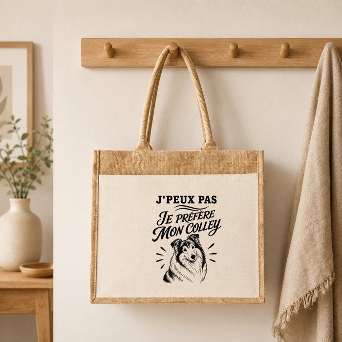 Sac cabas - PLANETEE - J'peux pas je préfère mon Colley - Jute & coton - 21 L (43×33×21 cm) - Illustration trait noir