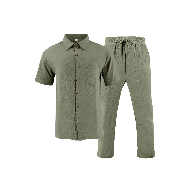Męskie casualowe bawełniane lniane dwuczęściowe zestawy plażowe vintage podstawowe koszule i spodnie jednolity kolor casualowy garnitur męski hawajski dres