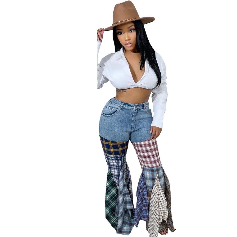 Women's Mid Rise Flared Jeans Medium Stretch Streetwear Multi Plaid Patchwork Ruffled Hem Ice Washed Denim Bell Bottom Trousers
