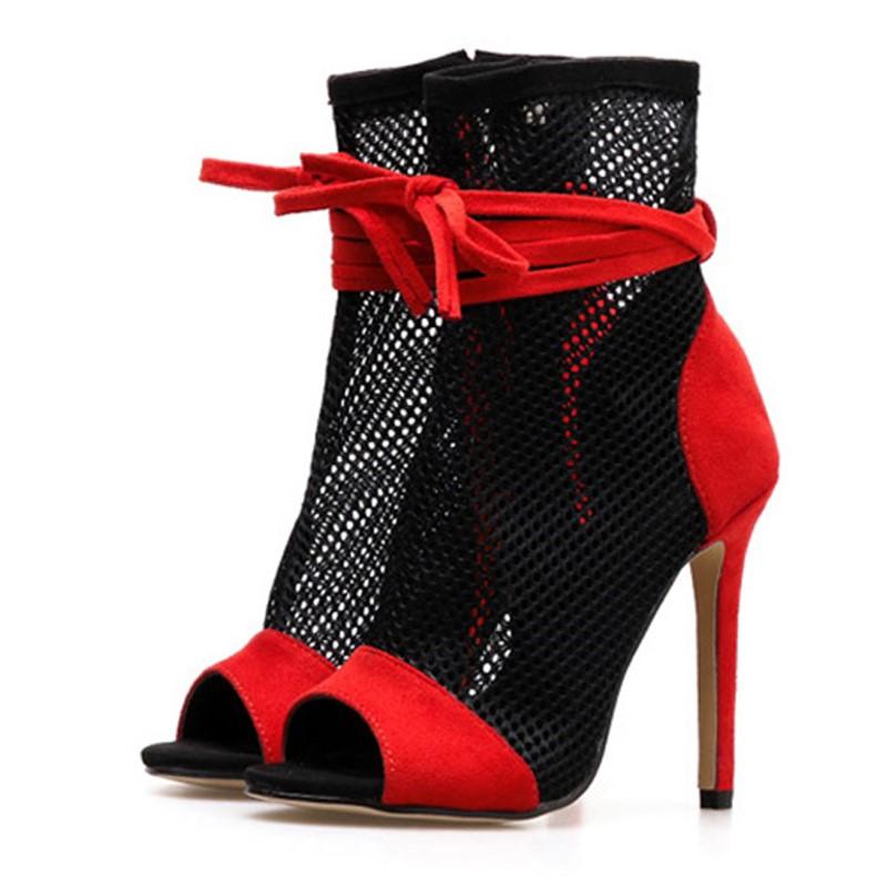 Spring Autumn New Sexy Mesh Ankle Boots Sandals Women Peep Toe Stiletto Heels Fashion Zip Lace Up Ladies Club Party Dance Shoes