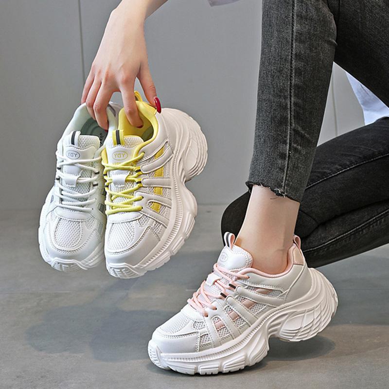 Fashon Sneakers Women White Shoes Soft Casual Ladies Chunky Sneakers Breathable Thick Sole Height Increasing 5cm