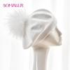 SOMALER Winter berets for women with real fox fur Pompom wool knitted beret