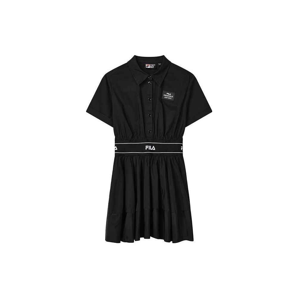Fila Printed Letter Logo Fashion Casual College Style Loose Waist Belt Short Sleeve Dress Women Dresses Black F11W229318FBK