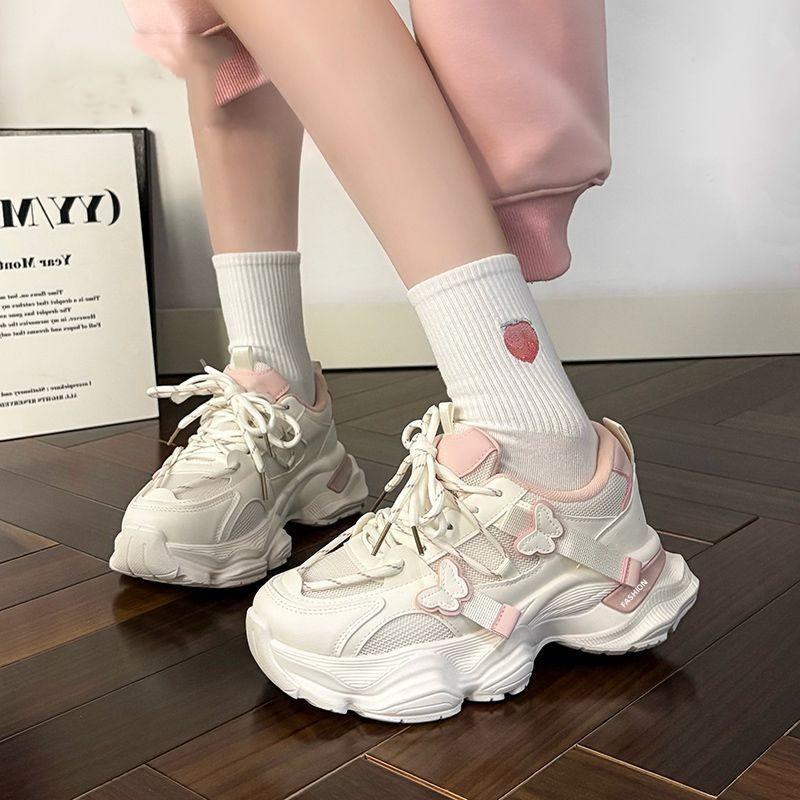 Leichte Sneaker Damen Herbst neu vielseitig Mesh atmungsaktiv rosa Schmetterling Plateau Dad Shoes