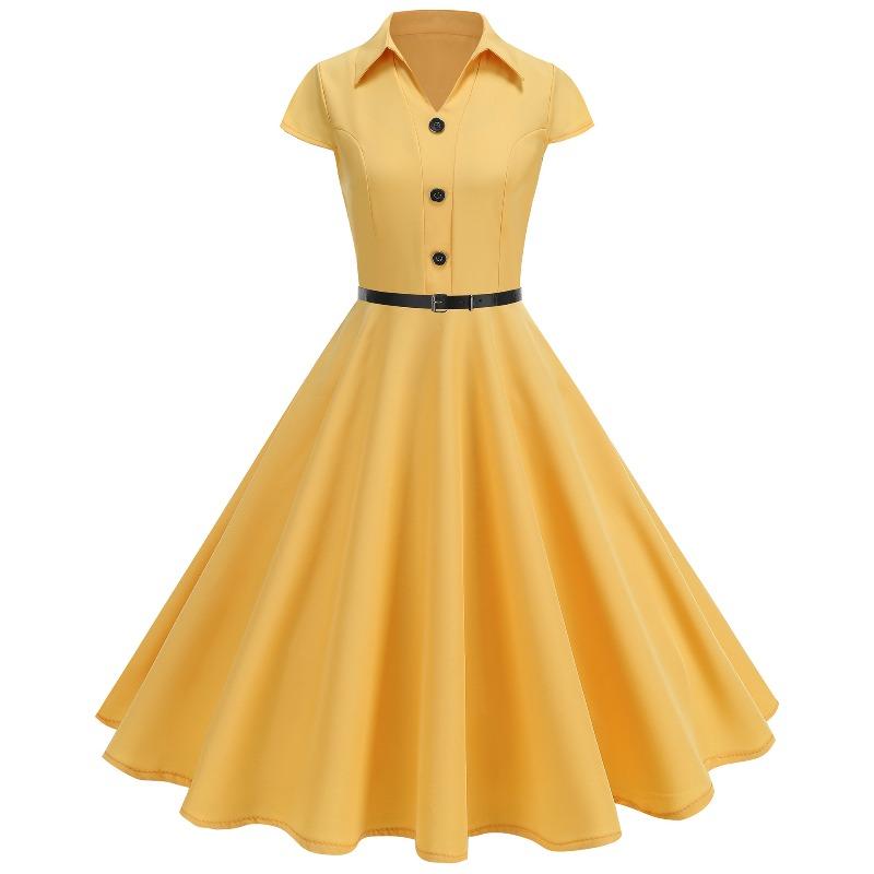 QICED Fashion Summer Spring Solid Color Print Short Sleeve V-Neck Casual Dresses
