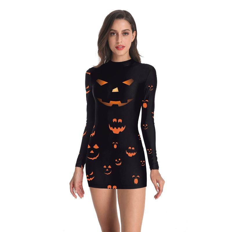 New, Halloween Horror Pumpkin Digital Printing Slim Sleeve Dress Women