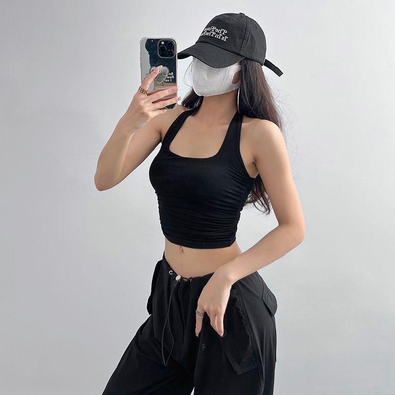 

Fashion Yoga Fitness Ruched Spaghetti Straps Exercise Vest Black M