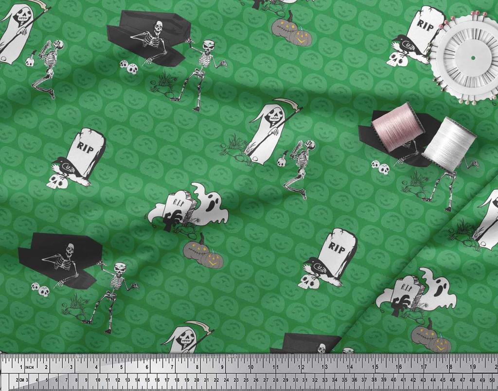 Soimoi Green Japan Crepe Satin Fabric Pumpkin & Skull Halloween Print Fabric by metre 42 Inch