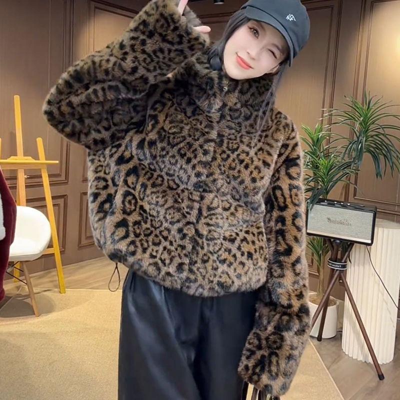 Autumn and winter leopard print new imitation mink hair coat coat loose white light jacket short