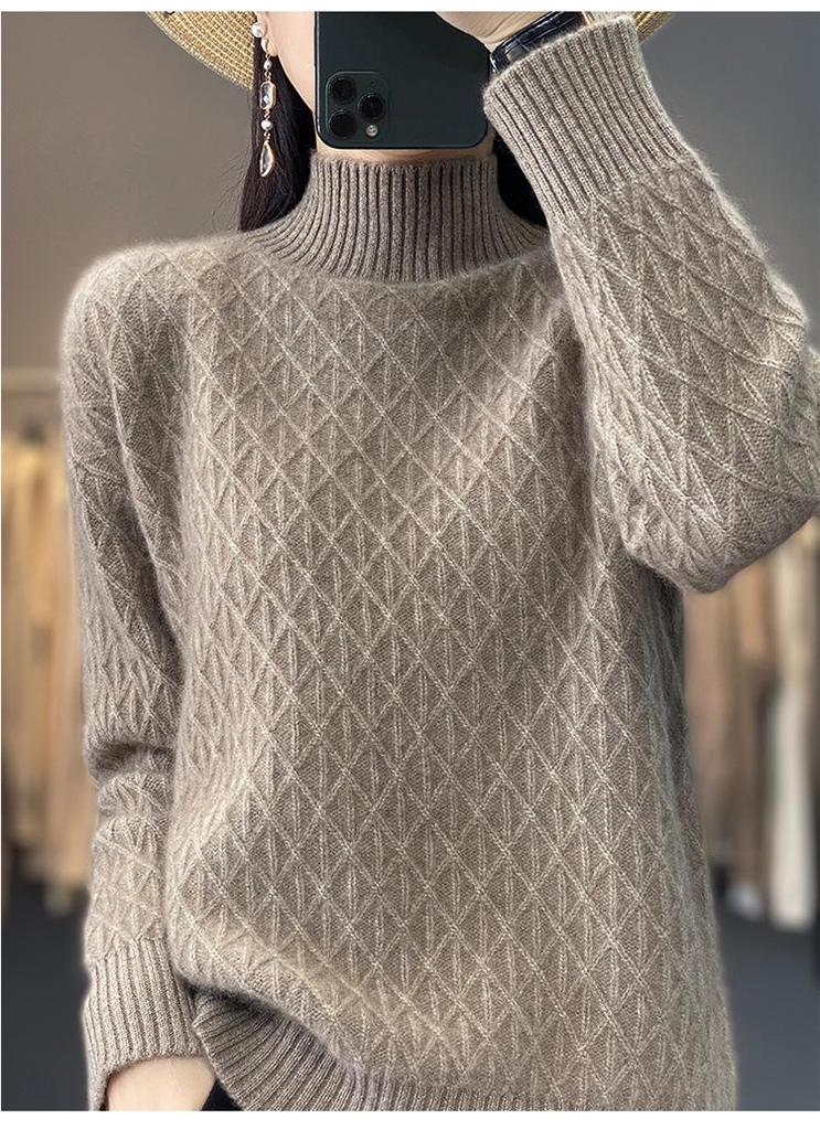 Women's Cashmere Diamond Knit Pullover: Half-High Collar, Thick, Loose-Fit, Korean Style Winter Sweater.
