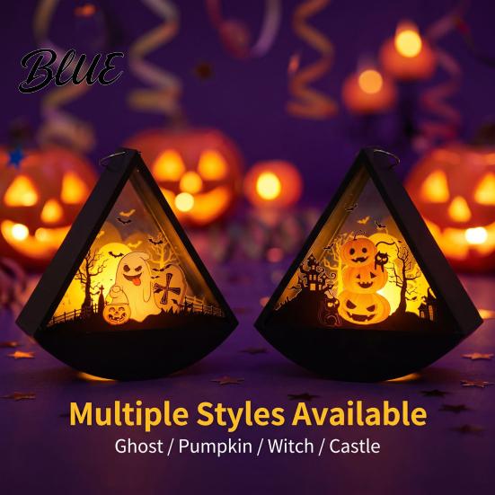 Decorative Lights for Home Halloween Triangle LED Lantern Tumbler Shape Night Light with Witch Ghost Glass Silhouette Shadow Box Pumpkin Battery