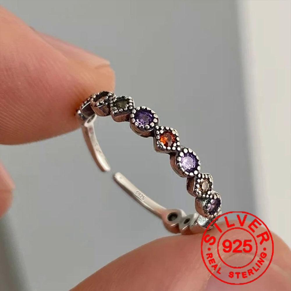 

100% Solid BFCLUB Silver Color Rainbow Colorful Stone Rings For Women Simple Trendy Retro Anillos Party Gifts Accessories