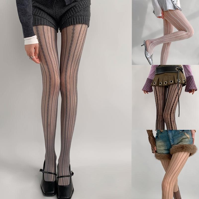 Women Sexy Hollowed Lace Solid Pantyhose Stockings Vintage Rhombus Striped Geometric Jacquard Fishnet Tights Leggings