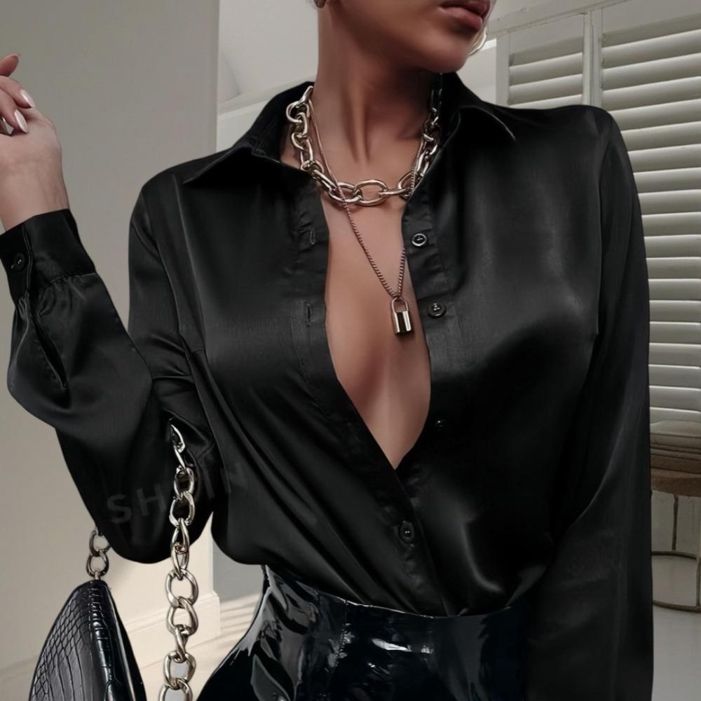 Damskie bluzki i koszule wiosenno-letnie Eleganckie satynowe sztuczny jedwab z długim rękawem Casualowe koszule Top Jednorzędowe podstawowe topy