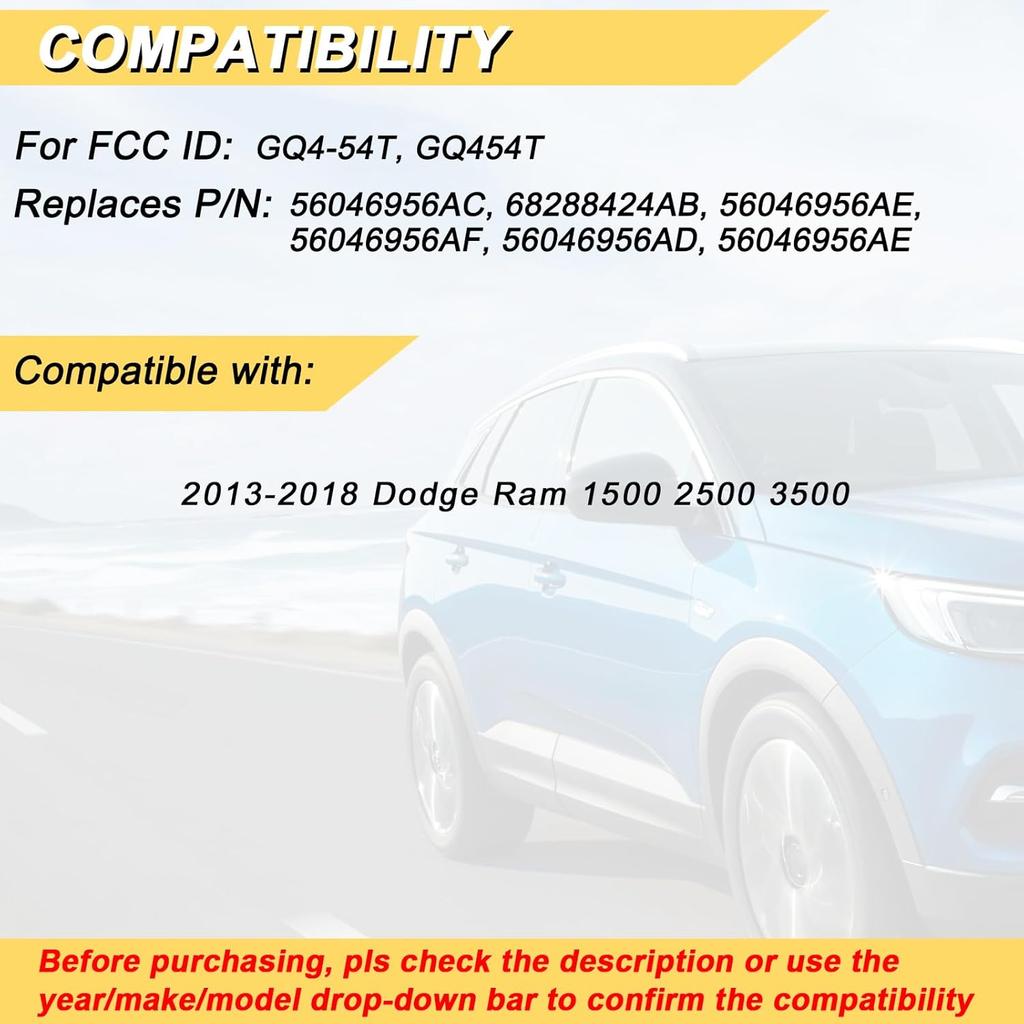 Key Fob Replacement for 2013-2018 Dodge Ram 1500 2500 3500 Car Keyless Entry Remote Control, GQ4-54T GQ454T, 4 Buttons