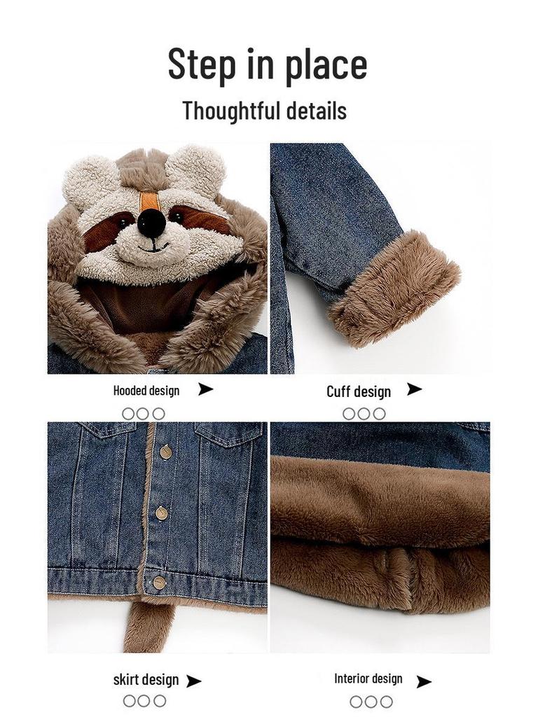 Girls' Fleece-Lined Denim Jacket - Warm Korean Style Autumn/Winter Cotton-Padded Top for Little Girls