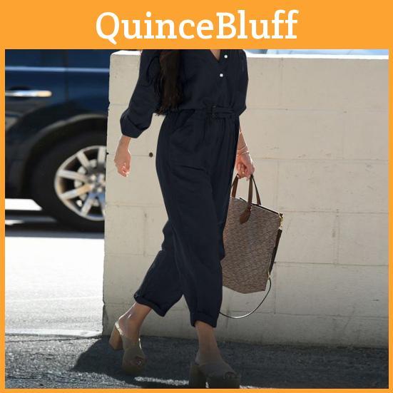 Women Vneck Closure Buttons Belt Jumpsuit Women Casual 45720 Solid Color Cargo