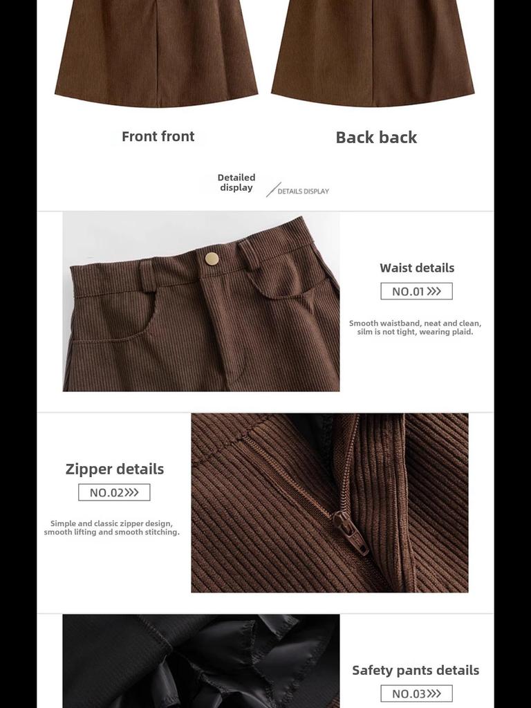 2023 Autumn/Winter Women's High Waist Corduroy A-Line Skirt - Slim Fit, Retro Korean Style, Anti-Exposure Design