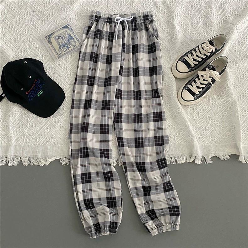 Women's Spring Autumn Four Seasons Plaid Elastic Waist High Waist Draped Slim Drawstring Trousers