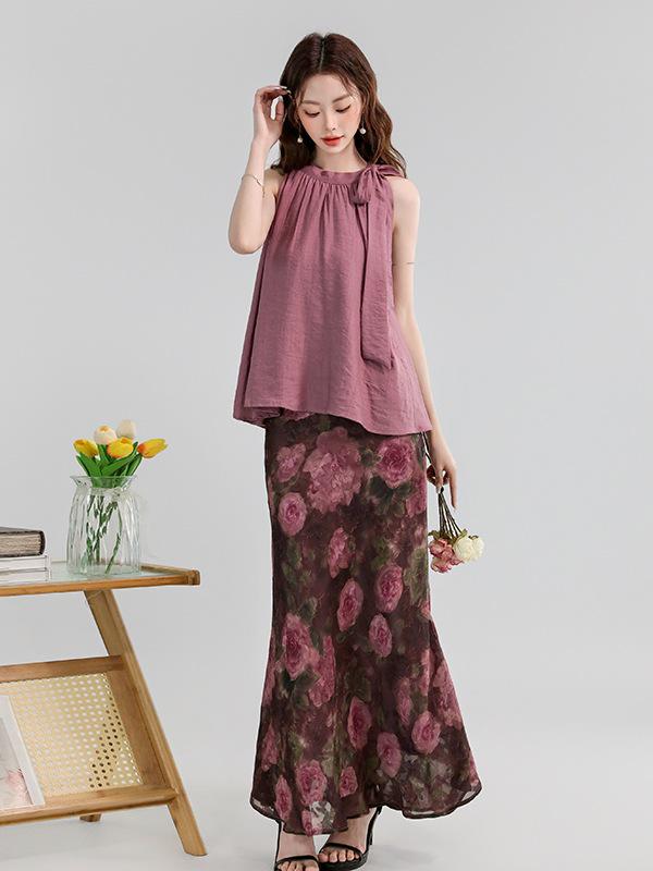 

Summer Elegant Tie-Up Top & Floral Fishtail Skirt Set XL